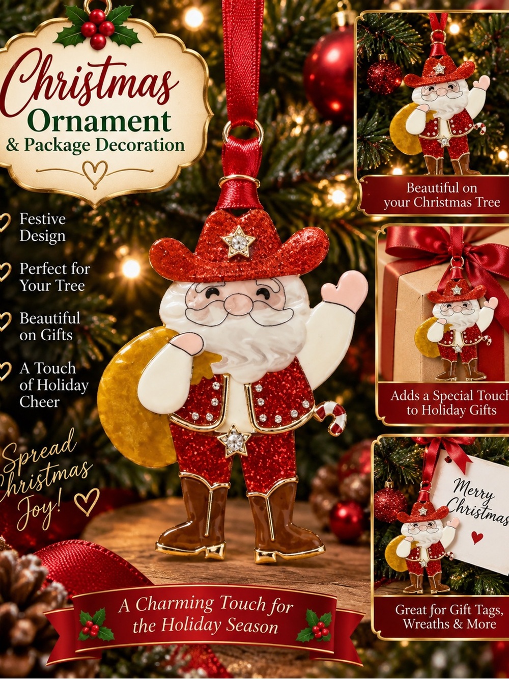 Festive Cowboy Santa Ornament in Red and Gold